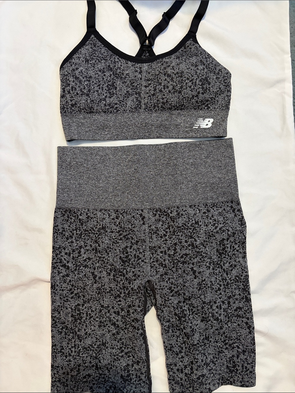 New Balance Black & Gray Speckled Seamless Sports Bra and High-Waist Shorts Set